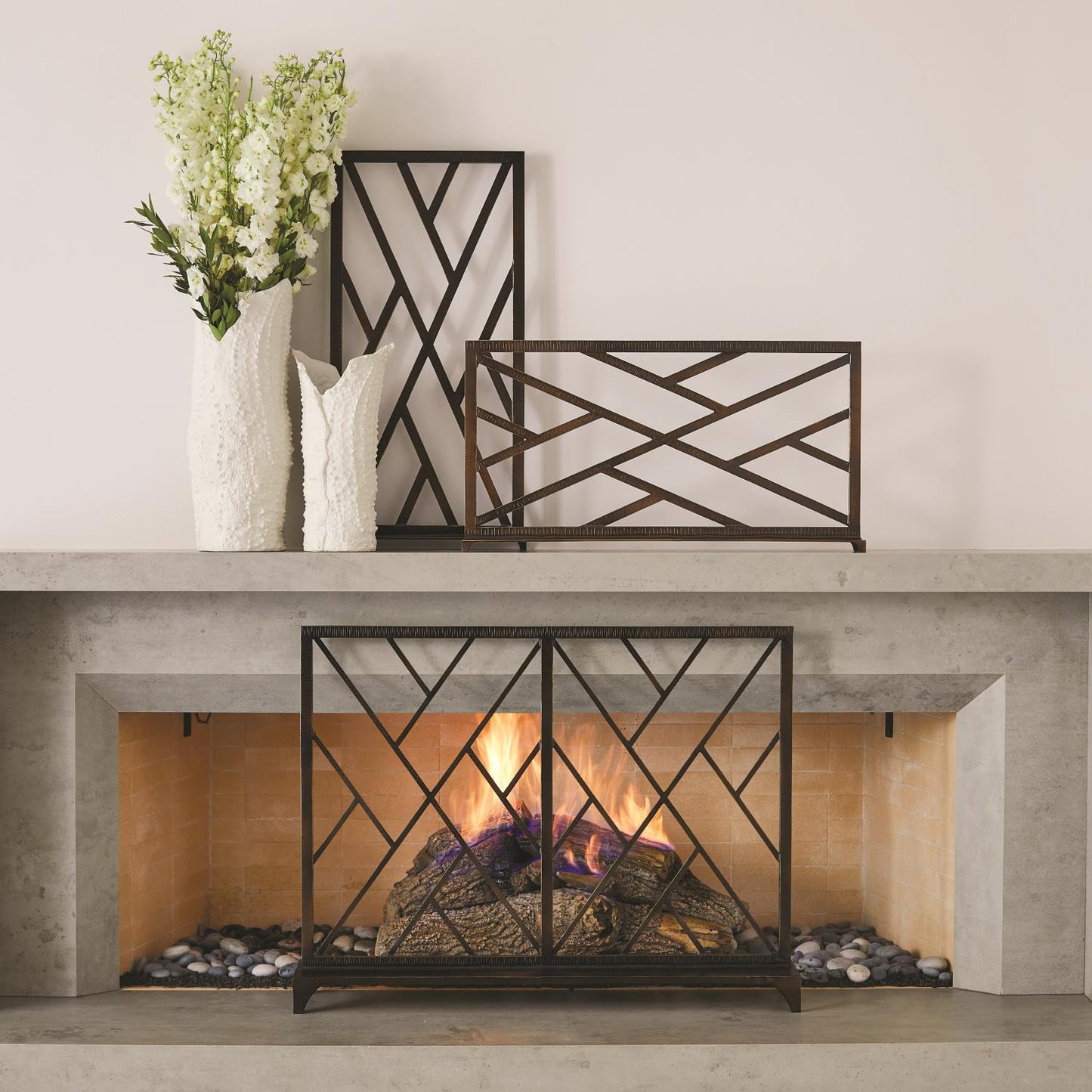 Chinoise Fret Fireplace Screen - Bronze
