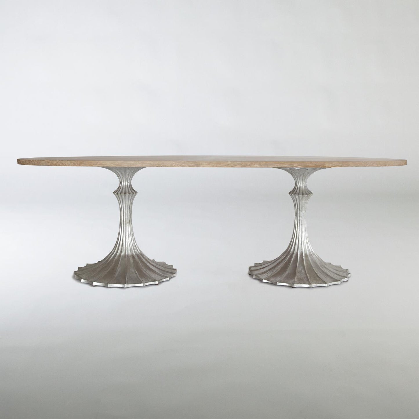 Flute Table 96" Oval Cerused Oak Top w/26" Silver Leaf Base