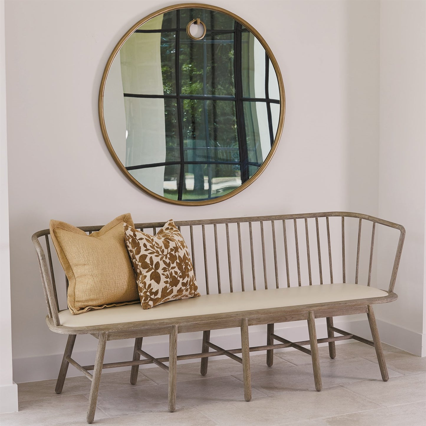 Spindle Long Bench - Beige Leather