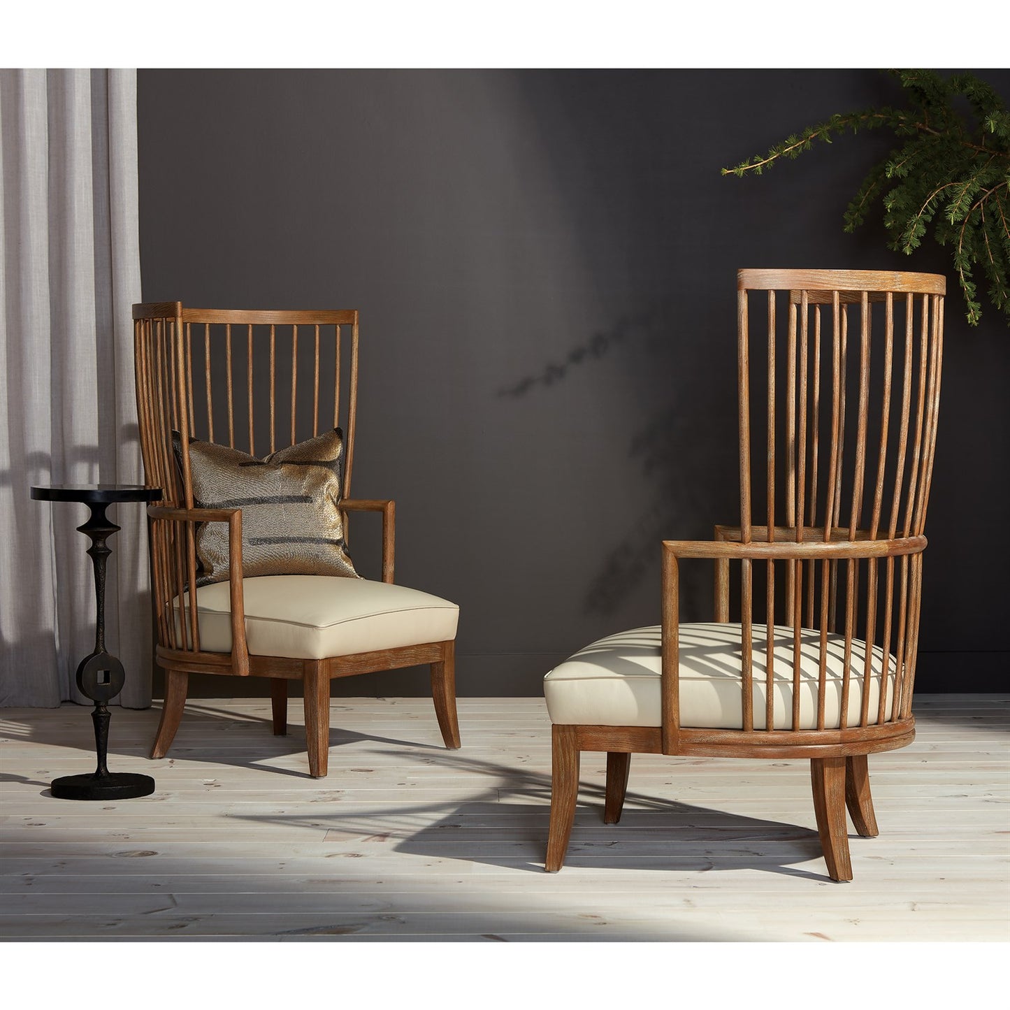 Spindle Wing Chair - Beige Leather or Muslin