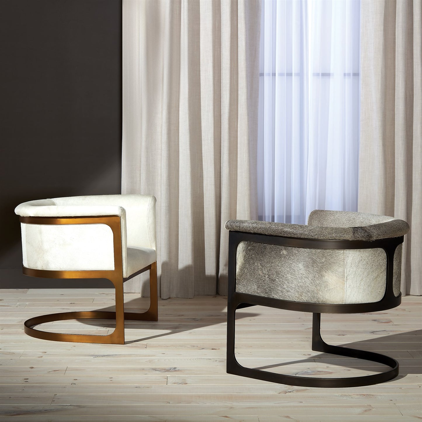 Regan Barrel Chair - Hair on Hide - Ivory/ Antique Brass