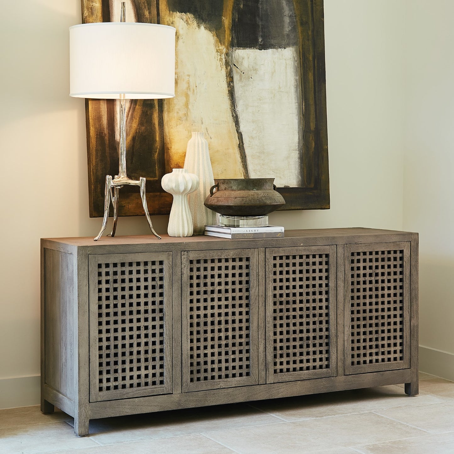 Driftwood 71"W Lattice Credenza - Grey Wash