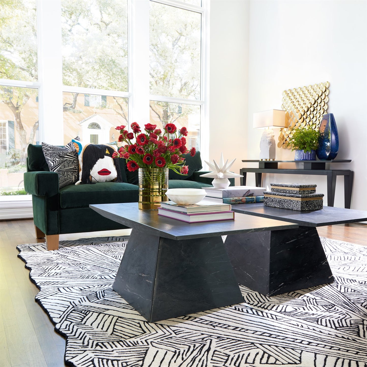 Square Arm Sofa-Green Velvet