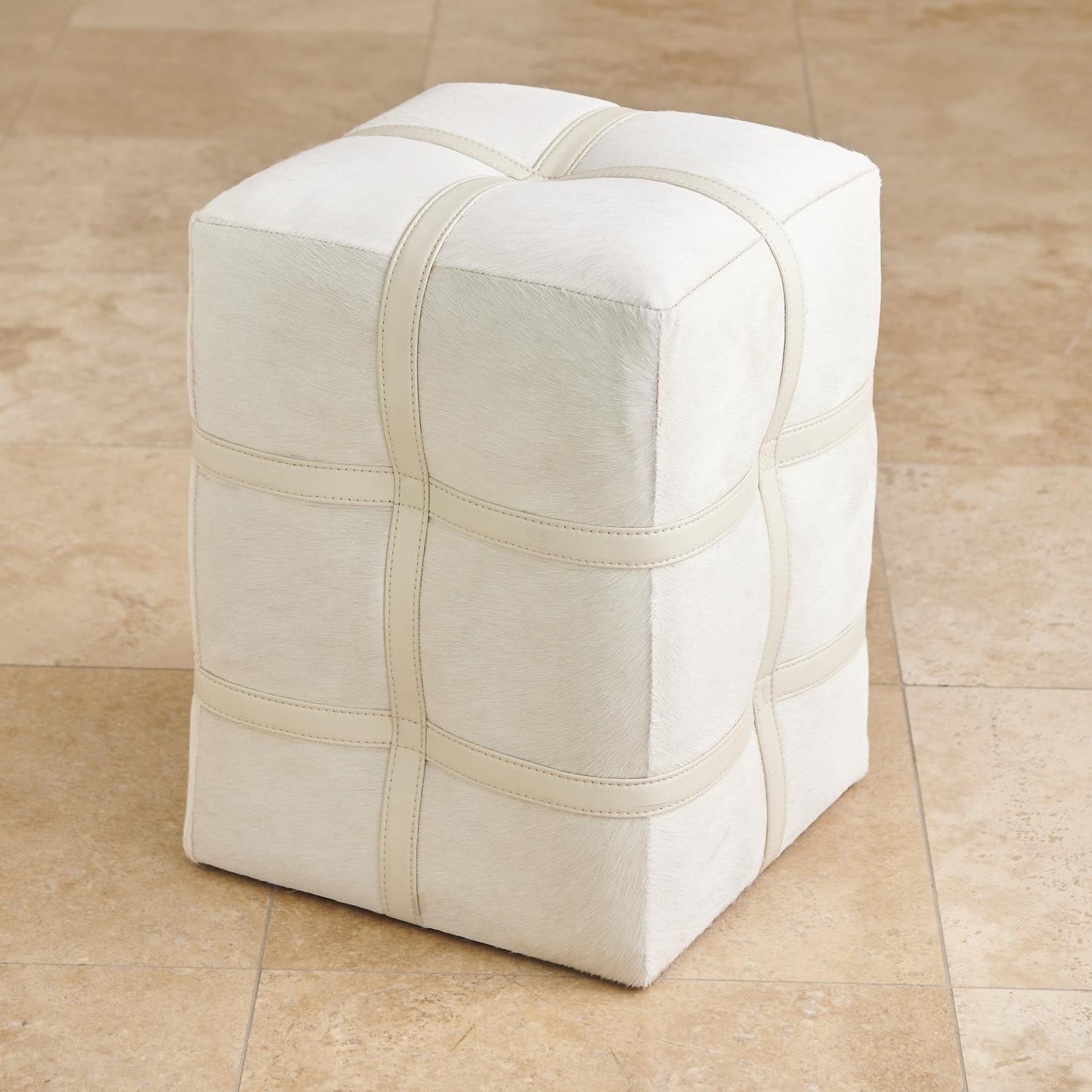 Belted Poof - Hair on Hide Leather - Ivory - Grats Decor Interior Design & Build Inc.
