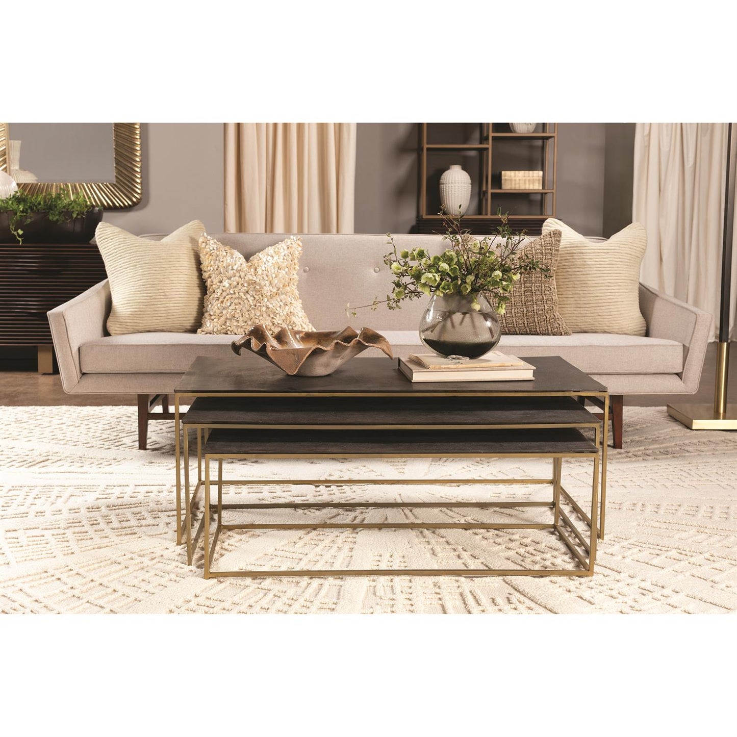 S/3 Sand Casted Nesting Cocktail Tables - Gold frame w/Black Top - Grats Decor Interior Design & Build Inc.