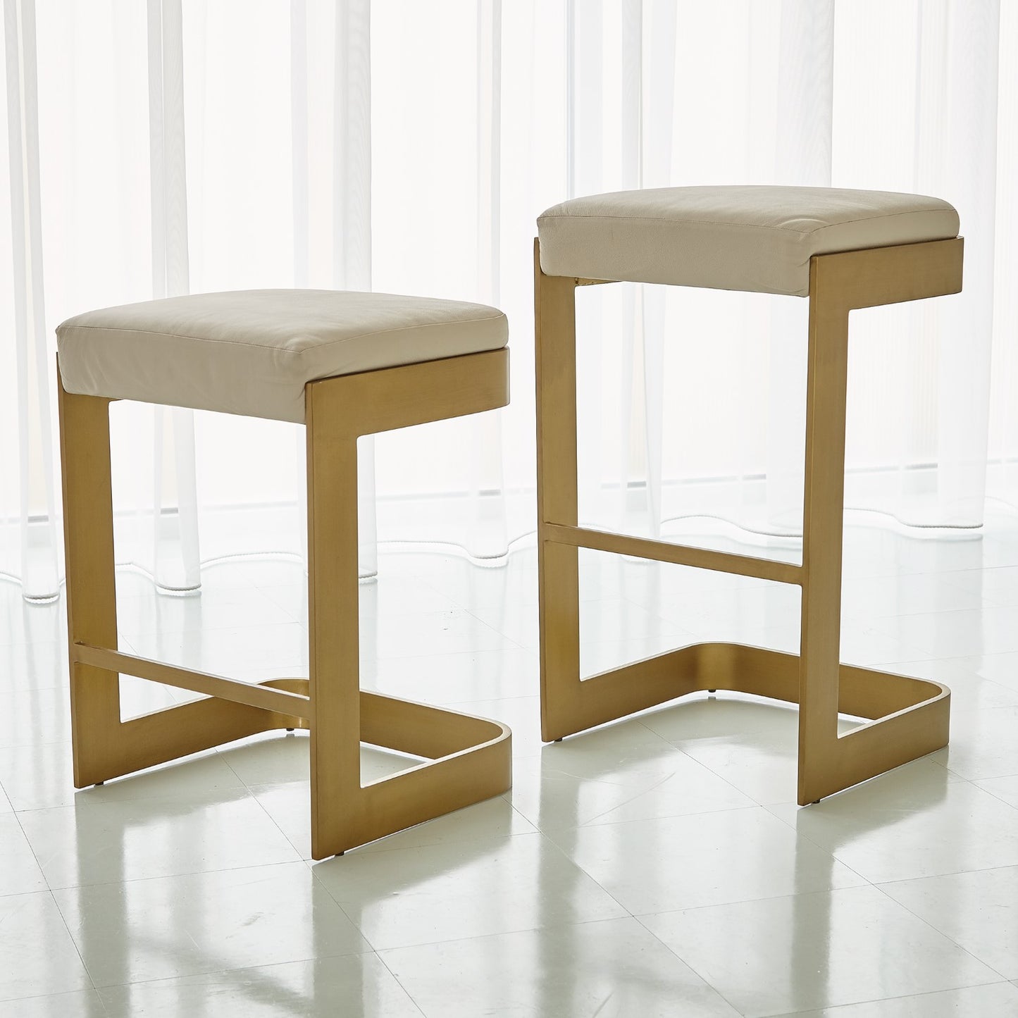 Regan Barstool / Counterstool - Antique Brass/ Ivory Leather - Grats Decor Interior Design & Build Inc.