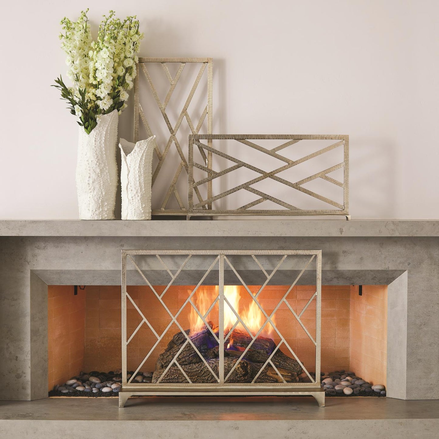Chinoise Fret Fireplace Screen - Nickel