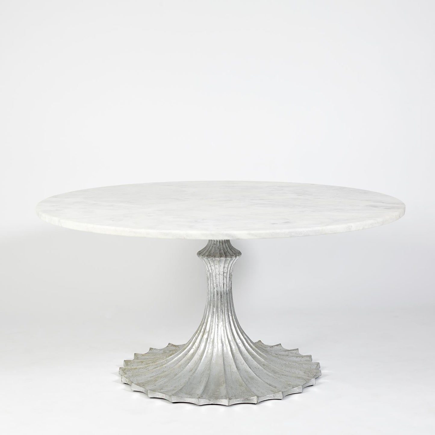Flute Table 60"Dia White Marble Top w/34" Silver Leaf Base