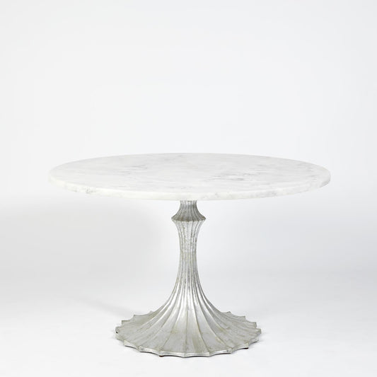 Flute Table 48"Dia White Marble Top w/26" Silver Leaf Base