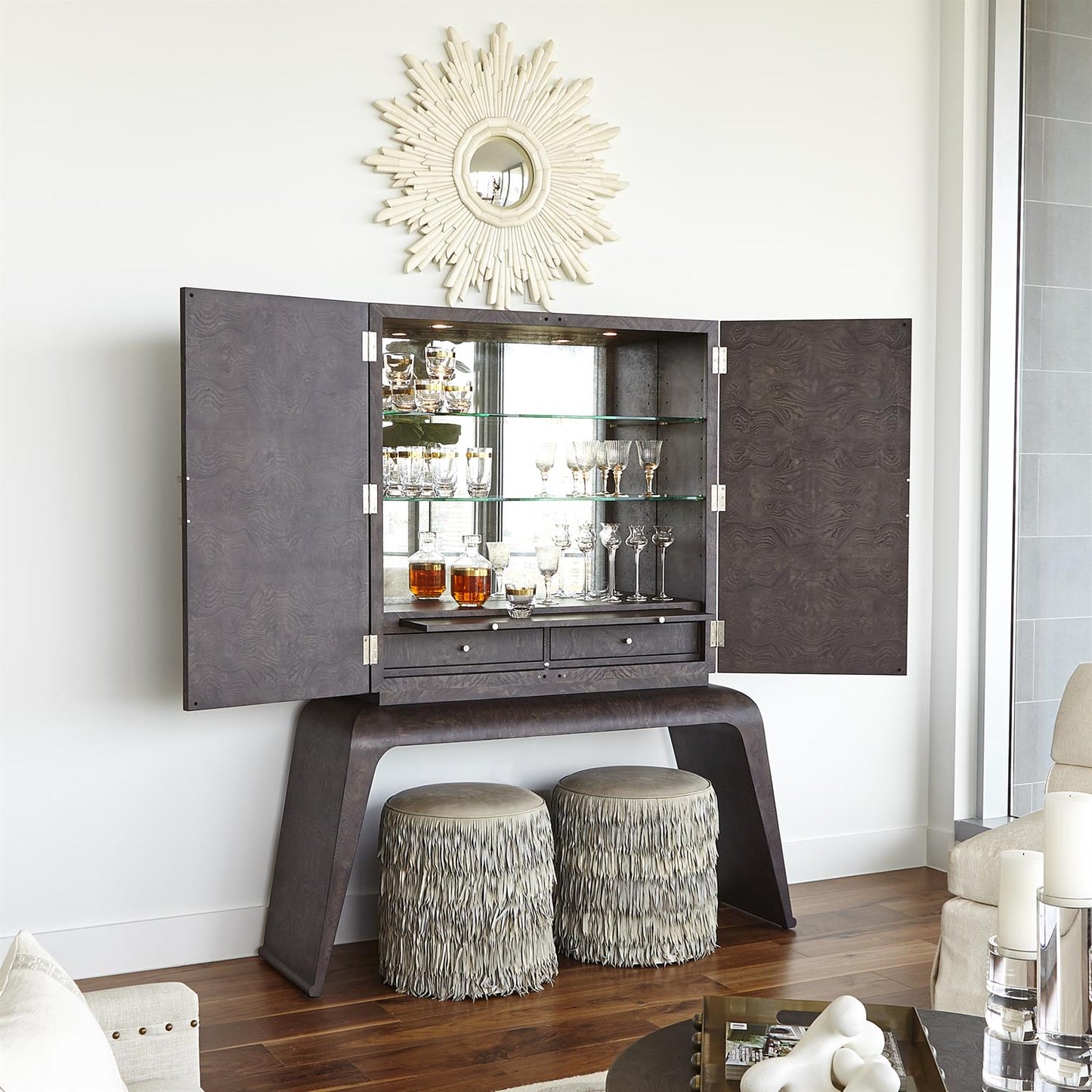 Fringe Ottoman-Ivory Marble Leather