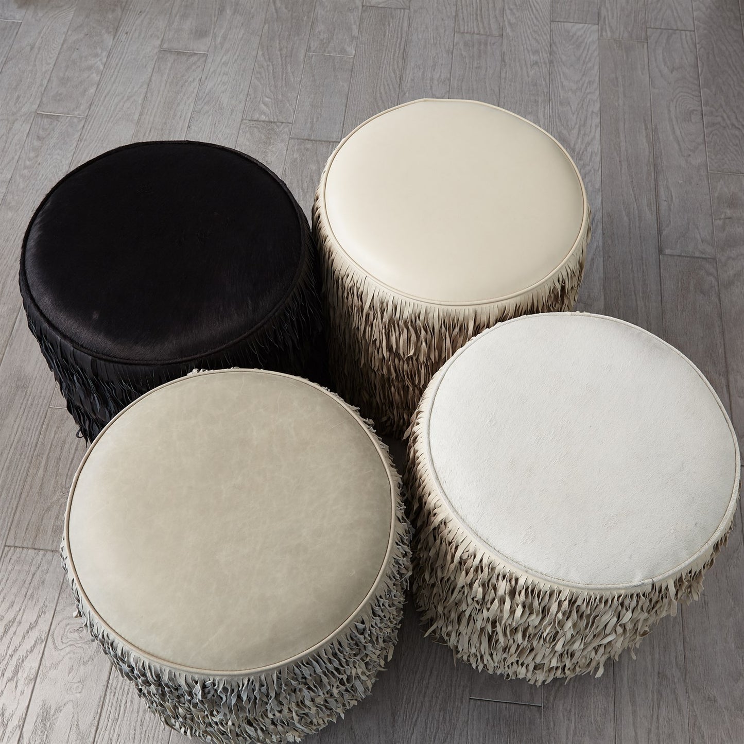 Fringe Ottoman-Ivory Marble Leather