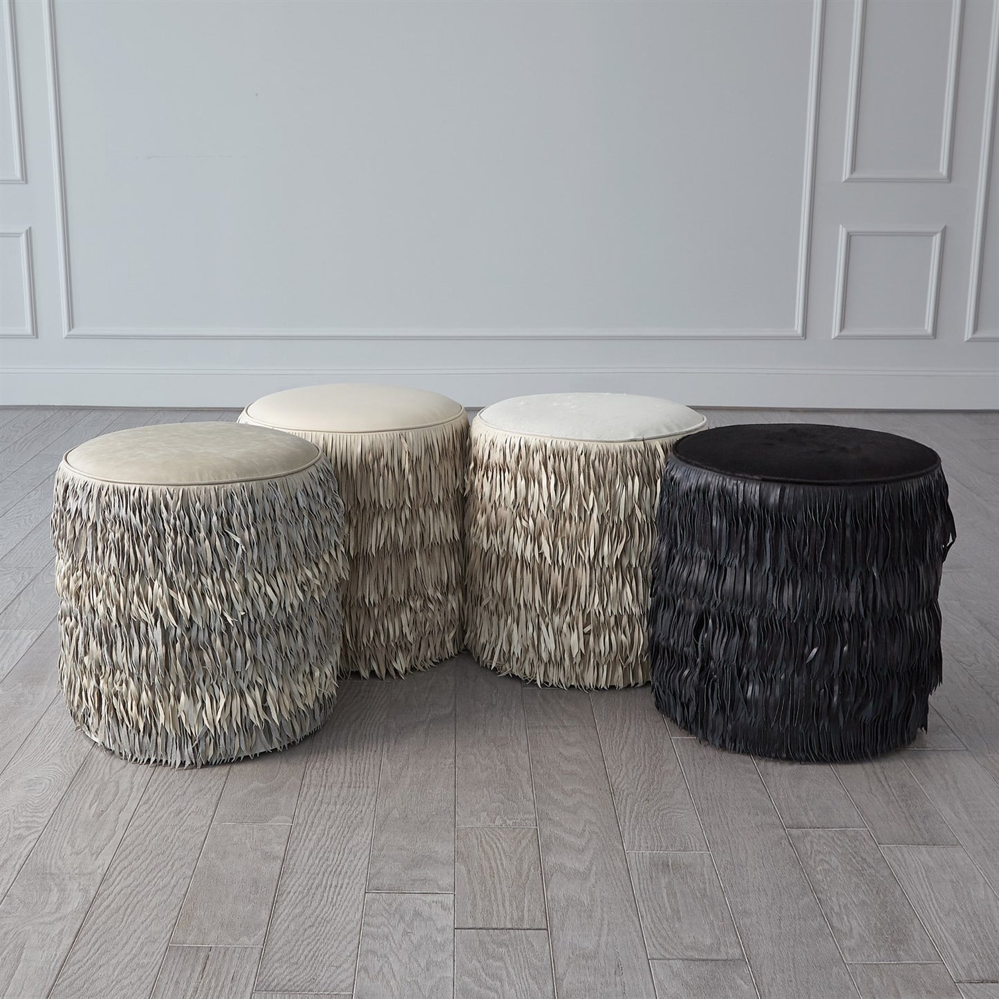 Fringe Ottoman-Ivory Marble Leather