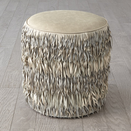Fringe Ottoman-Light Grey Marble Leather