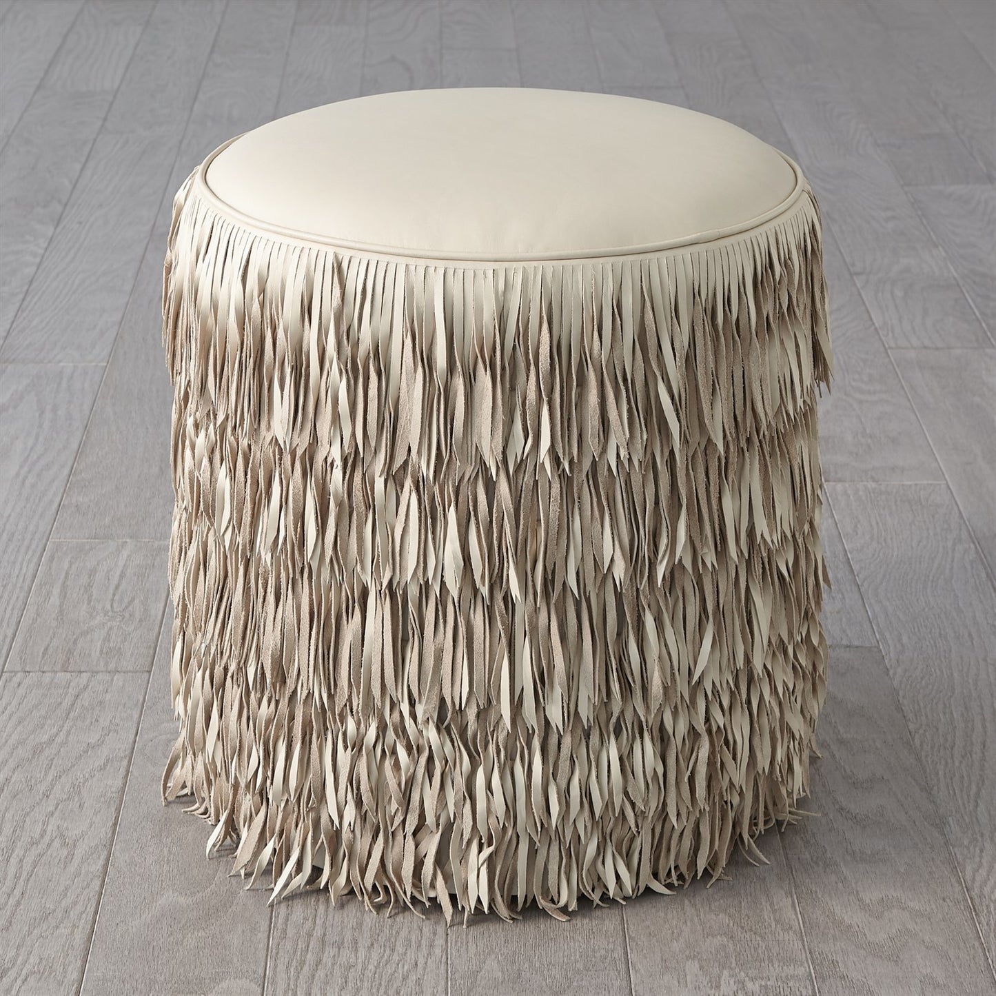 Fringe Ottoman-Ivory Marble Leather
