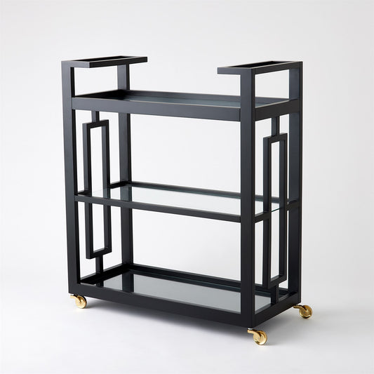 Grid Block Bar Cart - Black Lacquer with Shiny Brass Wheels