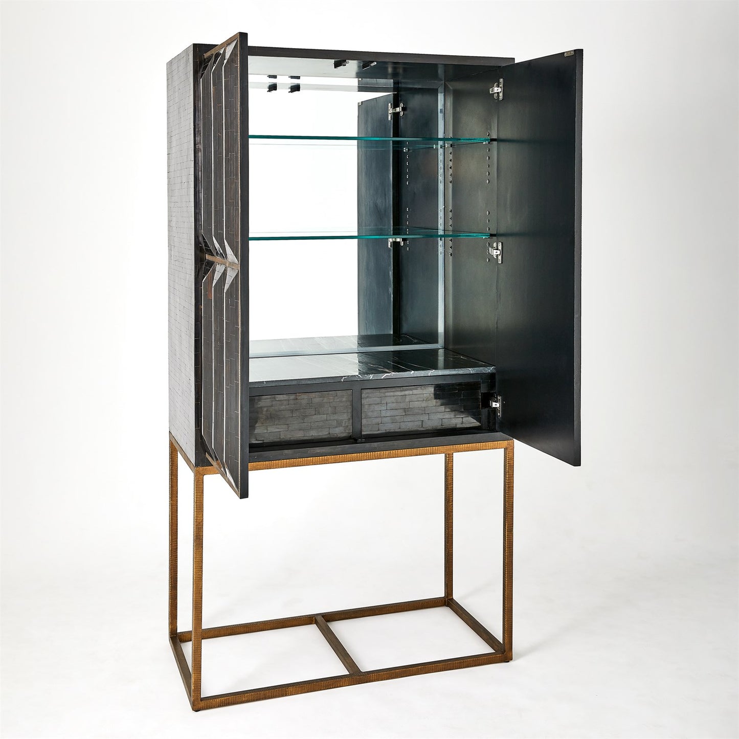 Horn Inlay Bar Cabinet - Black/Antique Brass