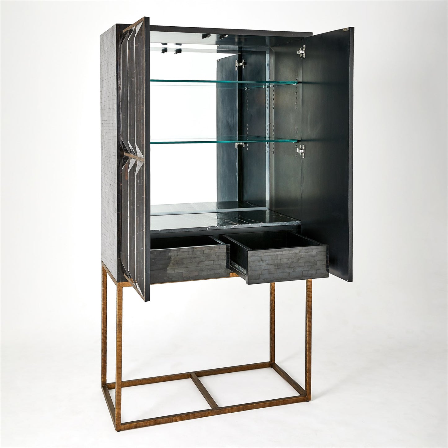 Horn Inlay Bar Cabinet - Black/Antique Brass