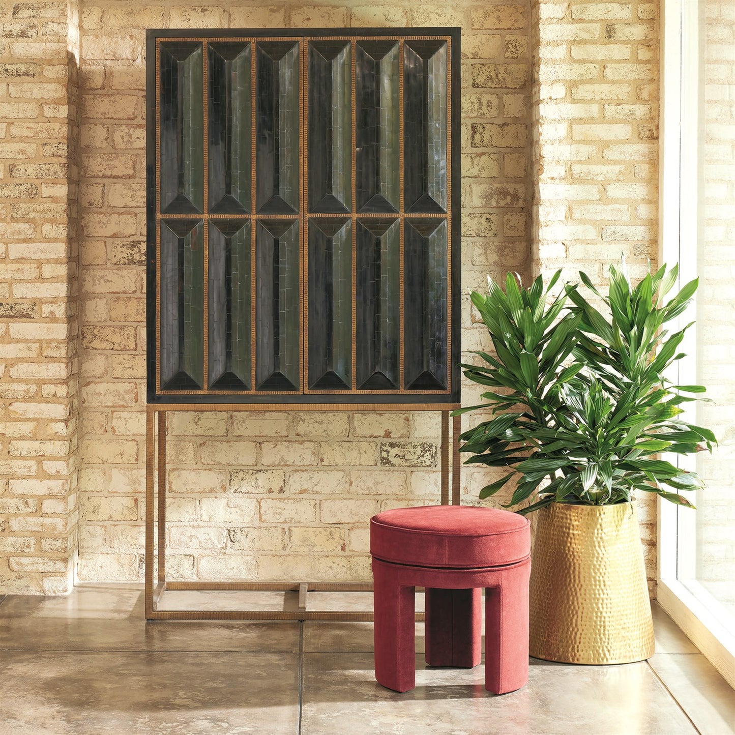 Horn Inlay Bar Cabinet - Black/Antique Brass