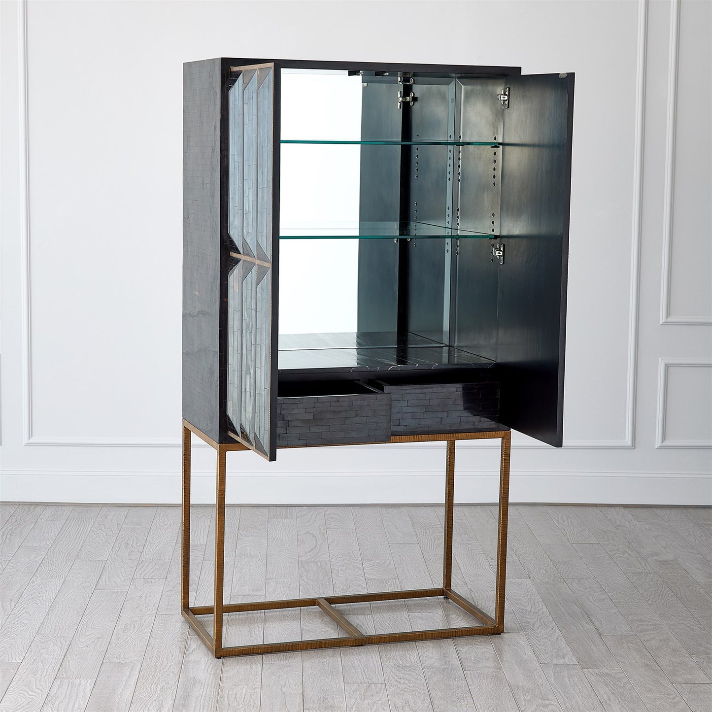 Horn Inlay Bar Cabinet - Black/Antique Brass