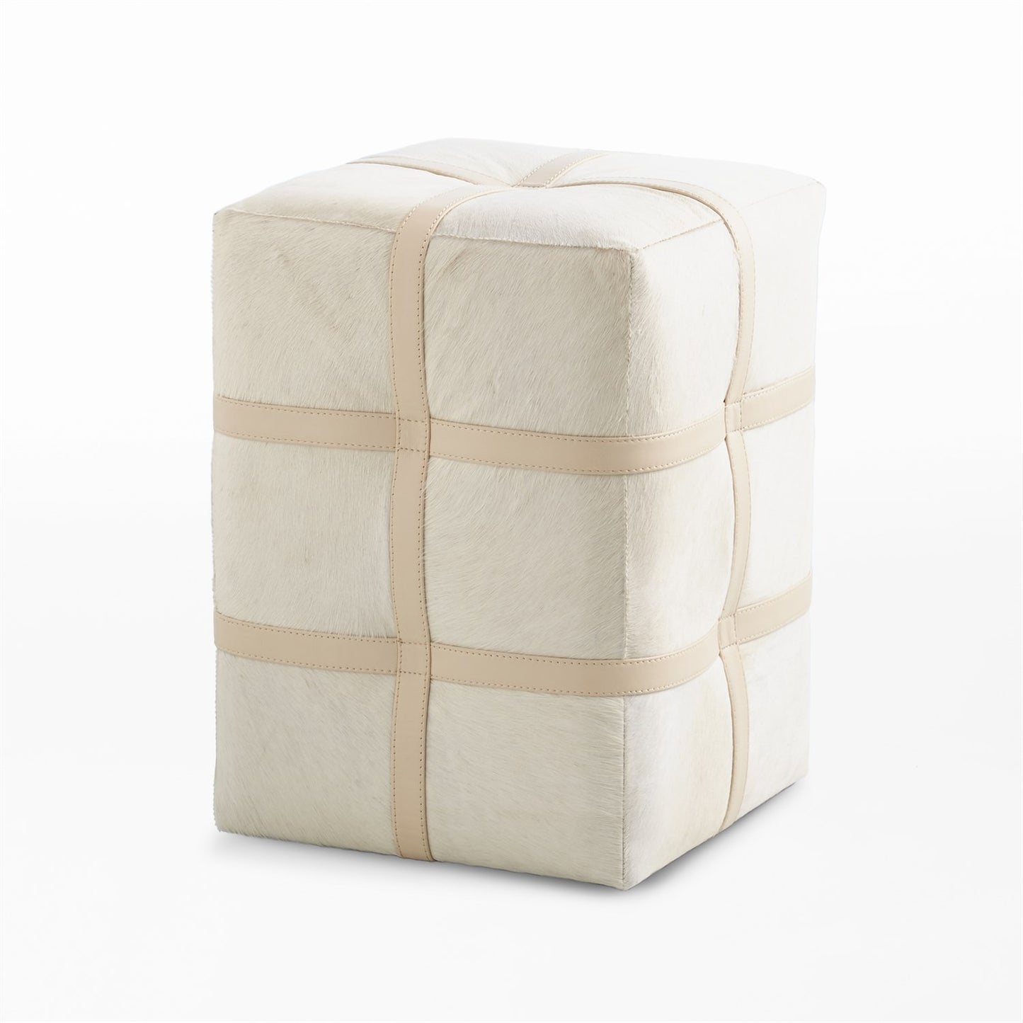 Belted Poof - Hair on Hide Leather - Ivory