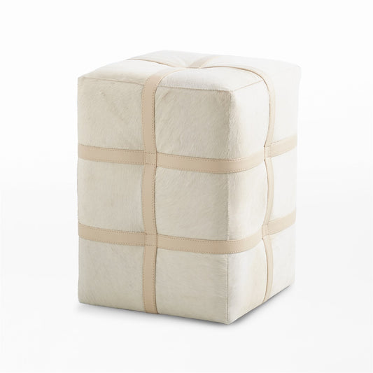 Belted Poof - Hair on Hide Leather - Ivory