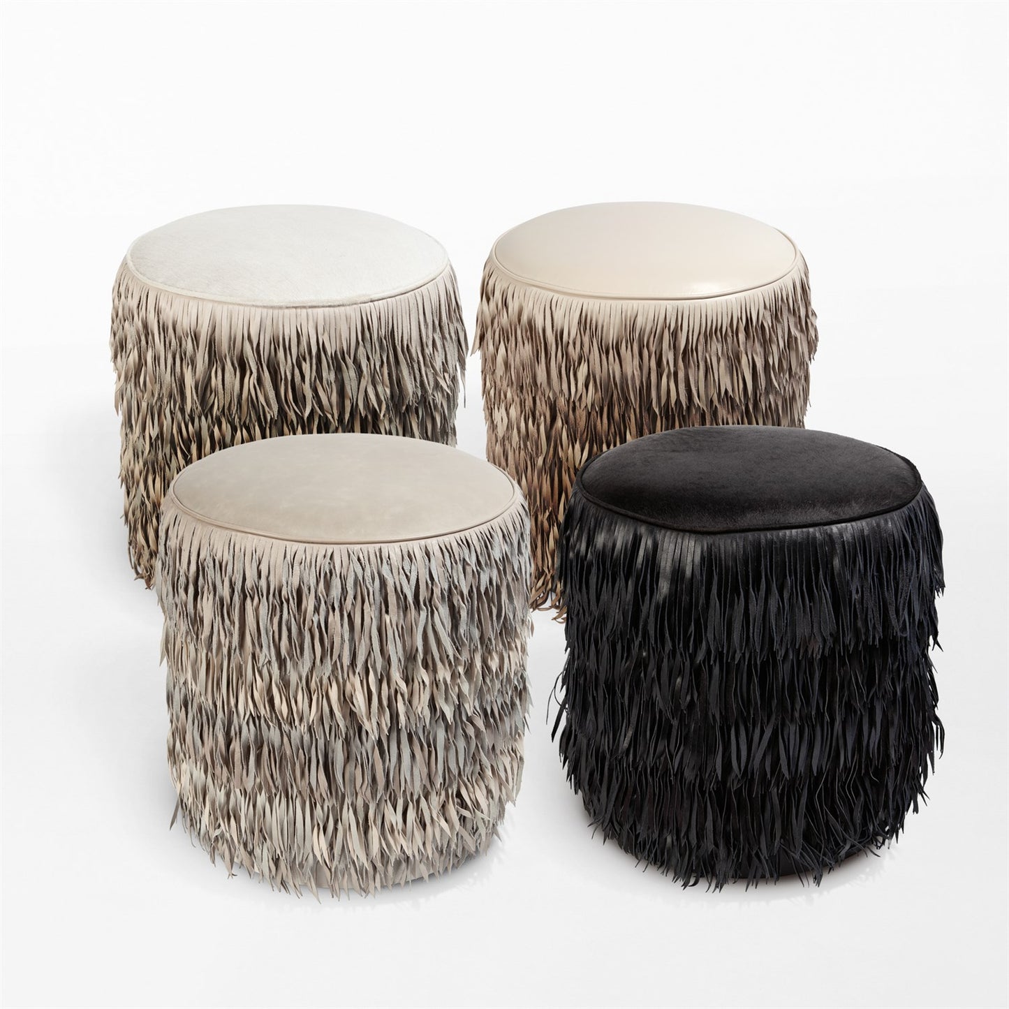 Fringe Ottoman-Ivory Marble Leather