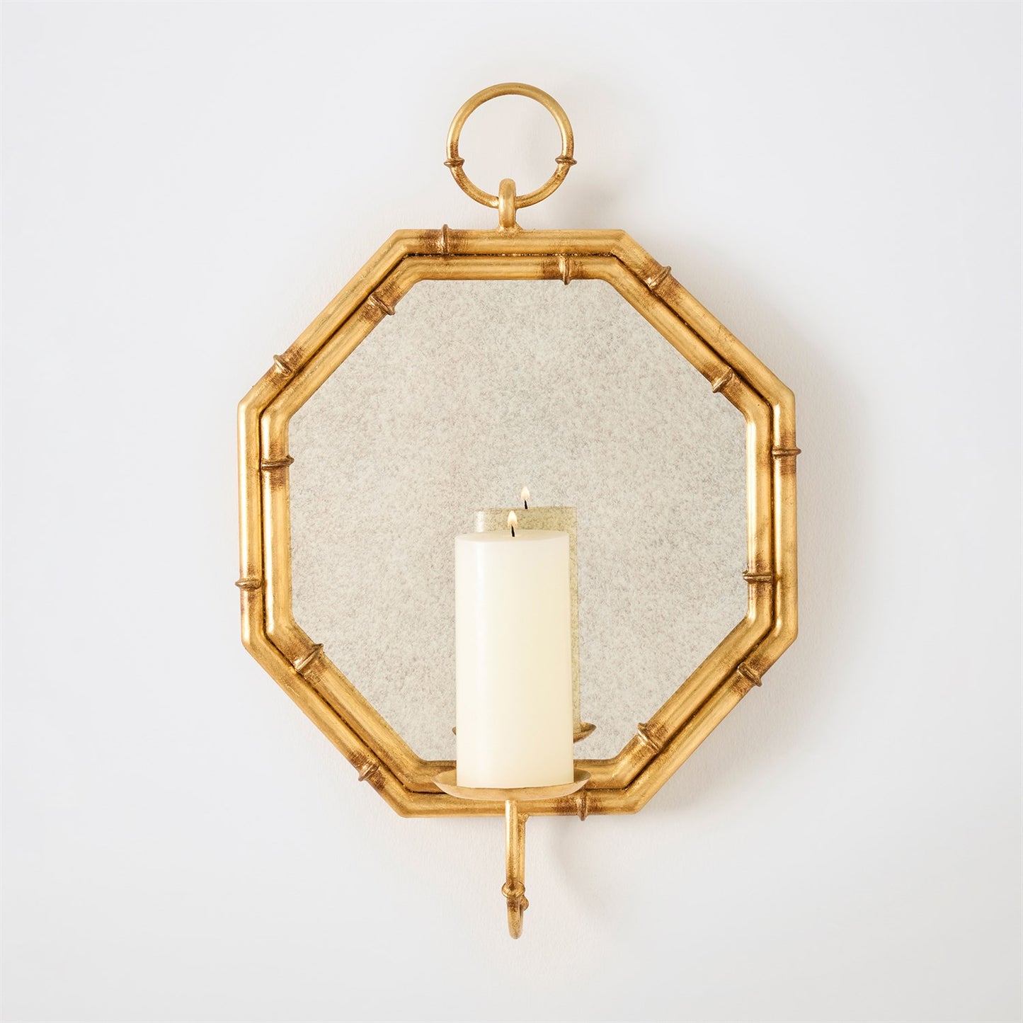 Octagonal Bamboo Mirror w/ Candle Holder - Gold Leaf