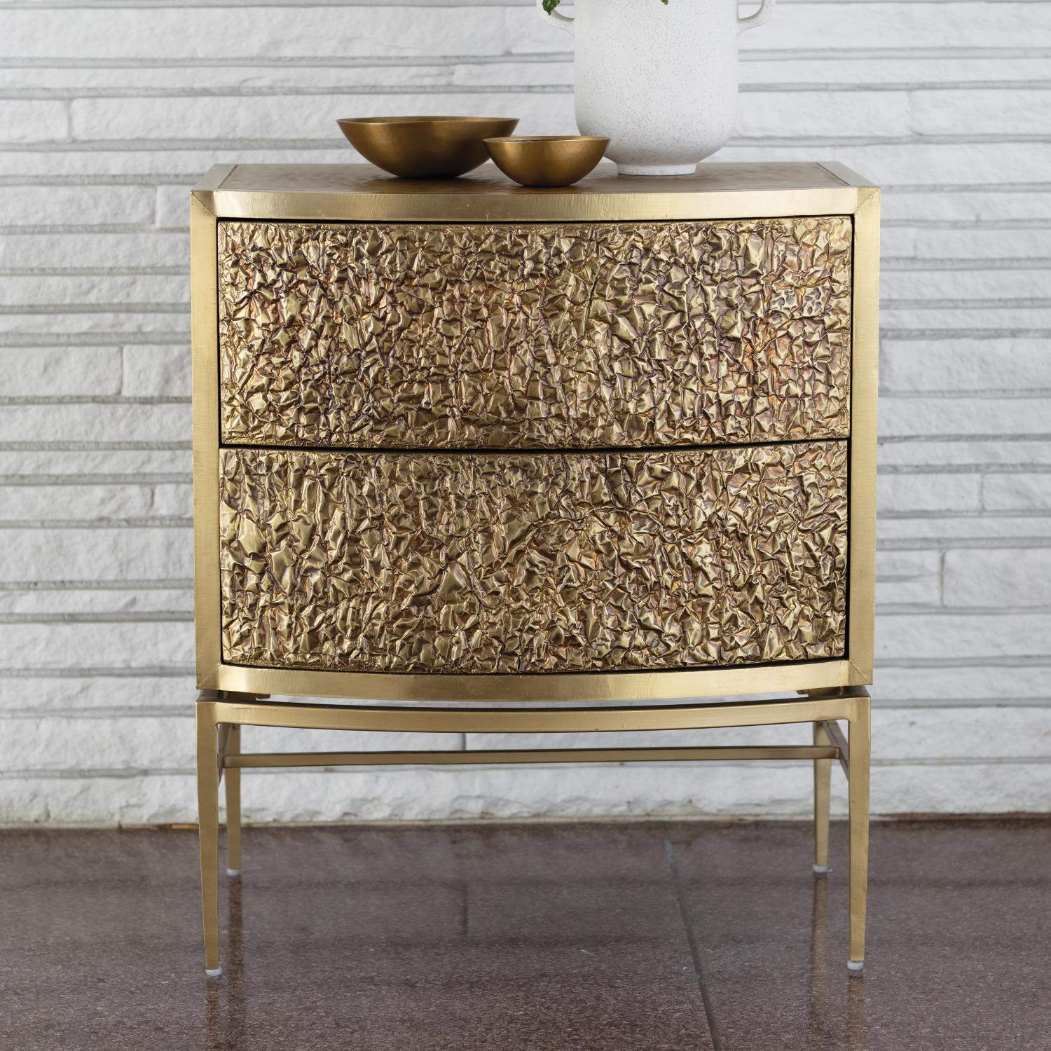 Crinkle Bedside Chest - Brass / Bronze - Grats Decor Interior Design & Build Inc.