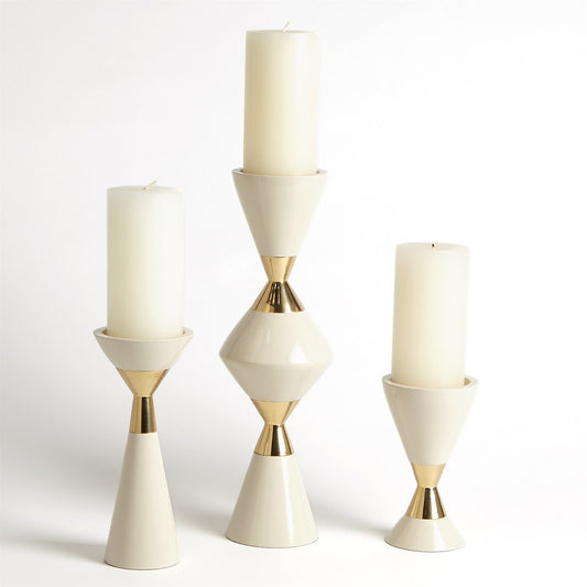 S/3 Hourglass Pillar Candleholders-Cream w/Gold