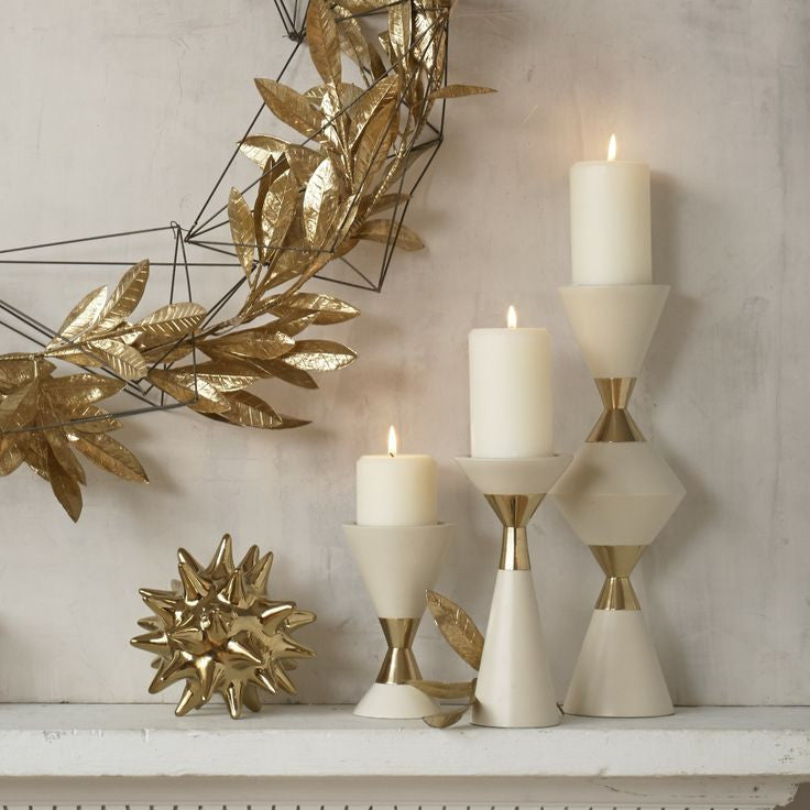 S/3 Hourglass Pillar Candleholders-Cream w/Gold - Grats Decor Interior Design & Build Inc.
